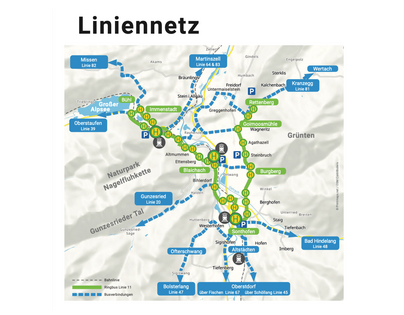 Das Bild zeigt das ÖPNV-Liniennetz der Region Alpsee-Grünten