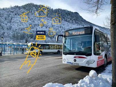 Auf dem Bild ist der Busbahnhof in Immenstadt zu sehen. Zusätzlich sind Grafiken angebracht, die das "Mobil Pass Allgäu" zeigen und mit Piktogrammen zur Freizeitaktivität anregen